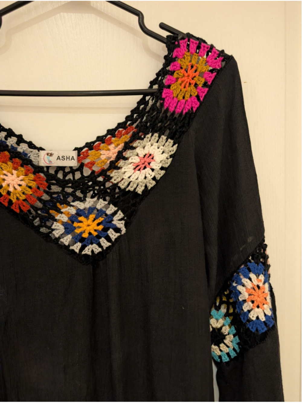 702 - ASHA Black Crochet Granny Square Fringe Boho Tunic Dress - Picture 5 of 10